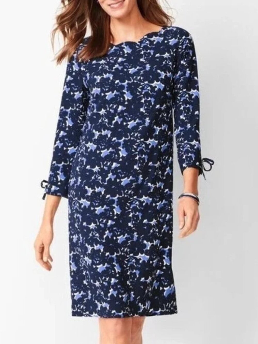 Scalloped Blue Floral Crepe Shift Dress Tie Sleeves Talbots Size 10